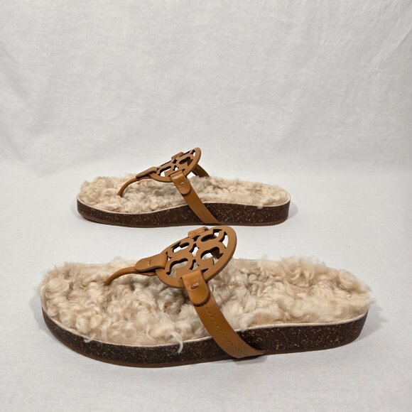 TORY BURCH Caramel MILLER CLOUD Shearling Leather Thong Slip-On Sandal Size 9.5M - Picture 3 of 17